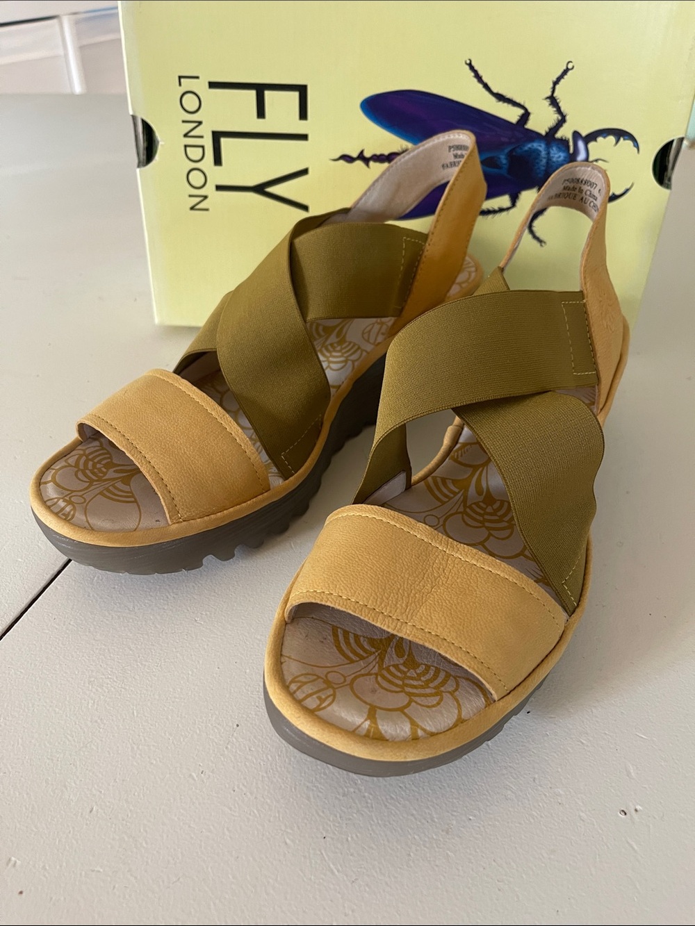 FLY London Yellow and Olive Crossband Wedge Sandals